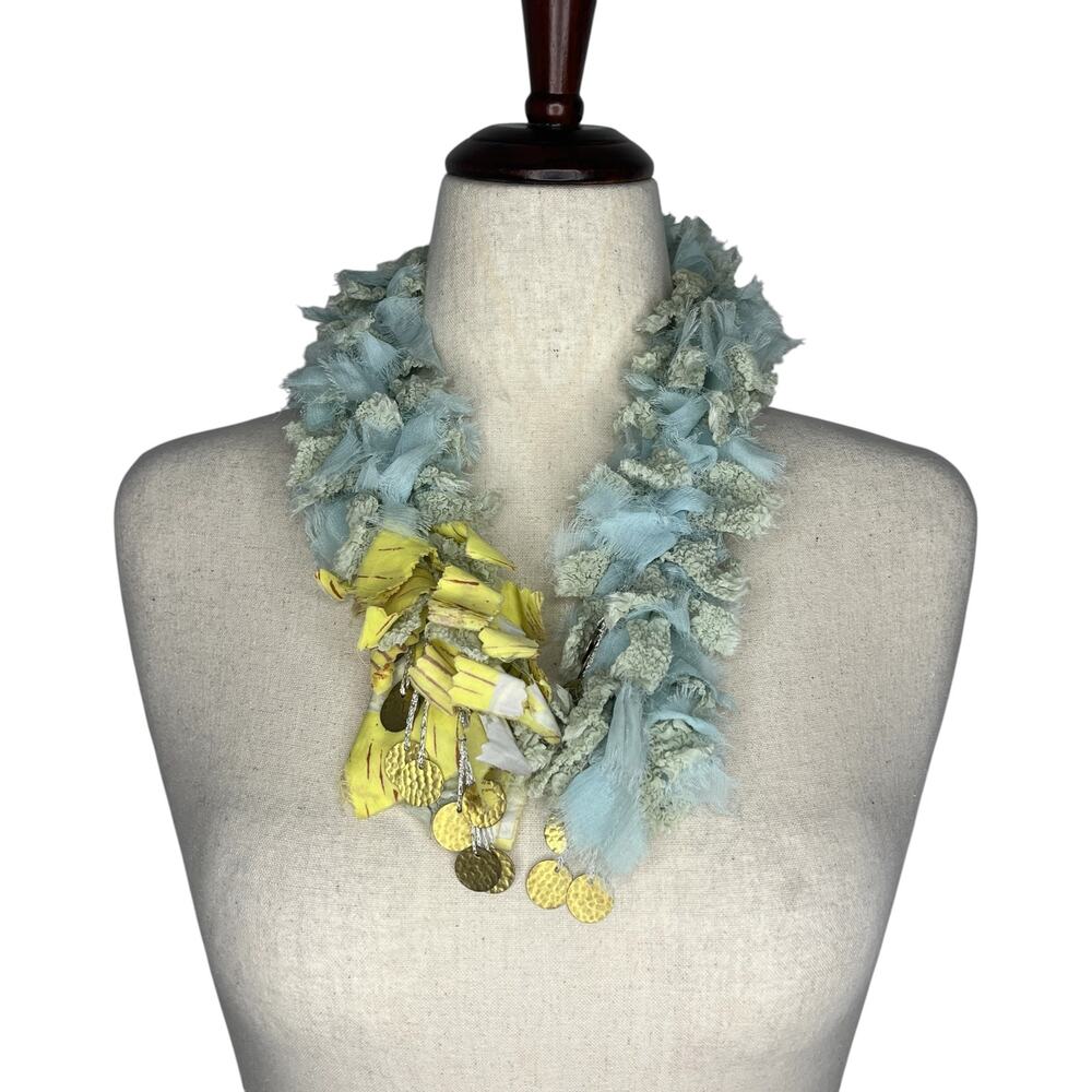 Georgina Von Etzdorf Womens Scarf 27" Blue Lei Garland Ruffle Gold Disc England